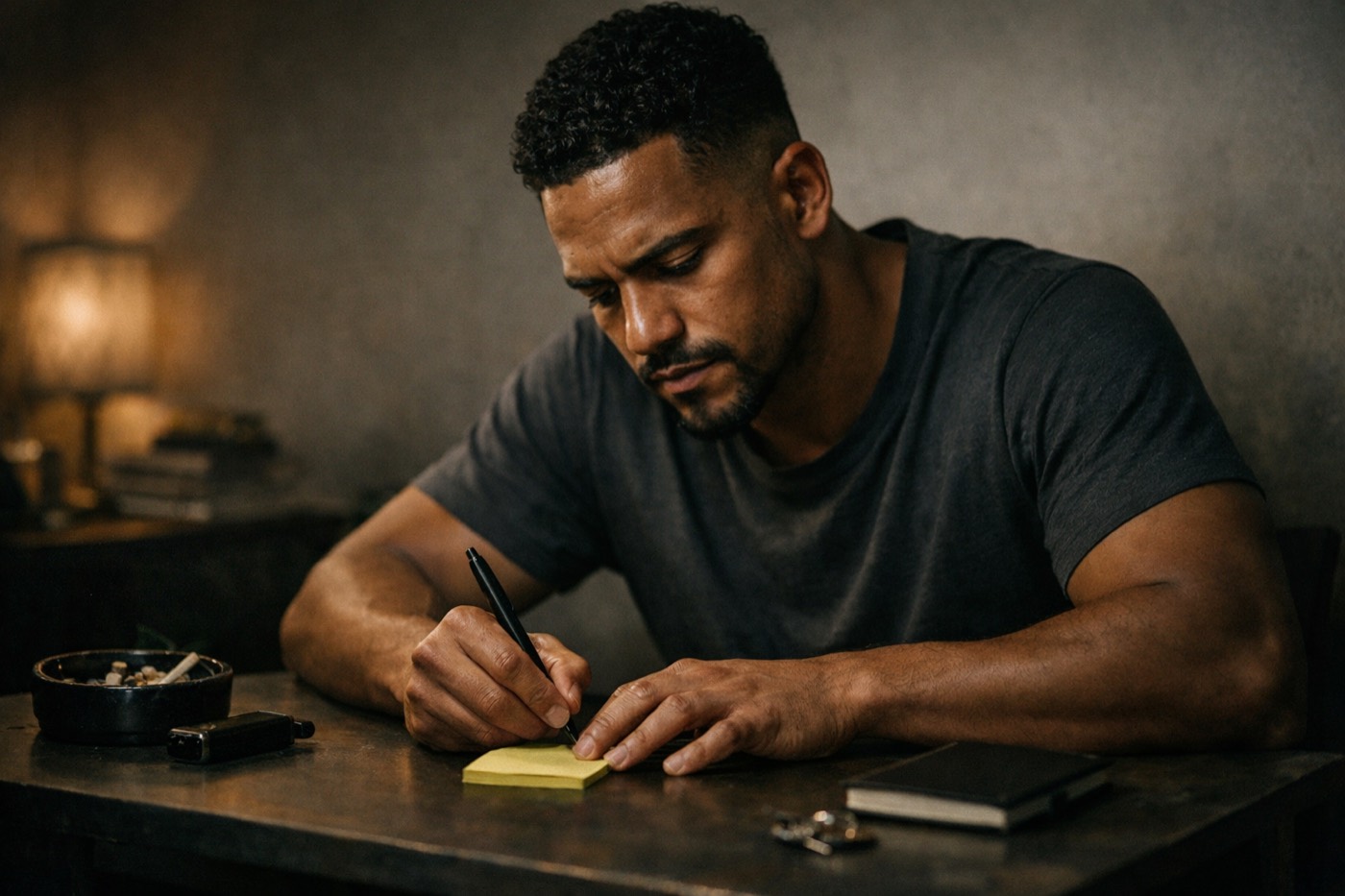 Latino man reviewing unfinished tasks at night to interrupt relapse patterns