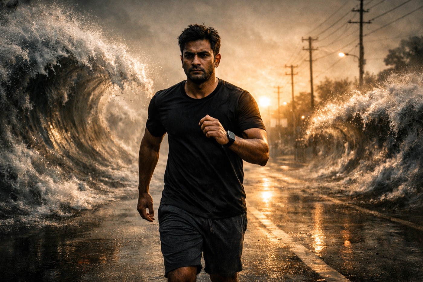 East Asian man doing push-ups at night as a physical reset during cravings