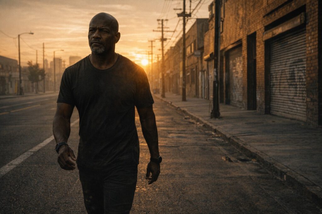 Black man in a garage gym before sunrise facing discipline debt and personal standards