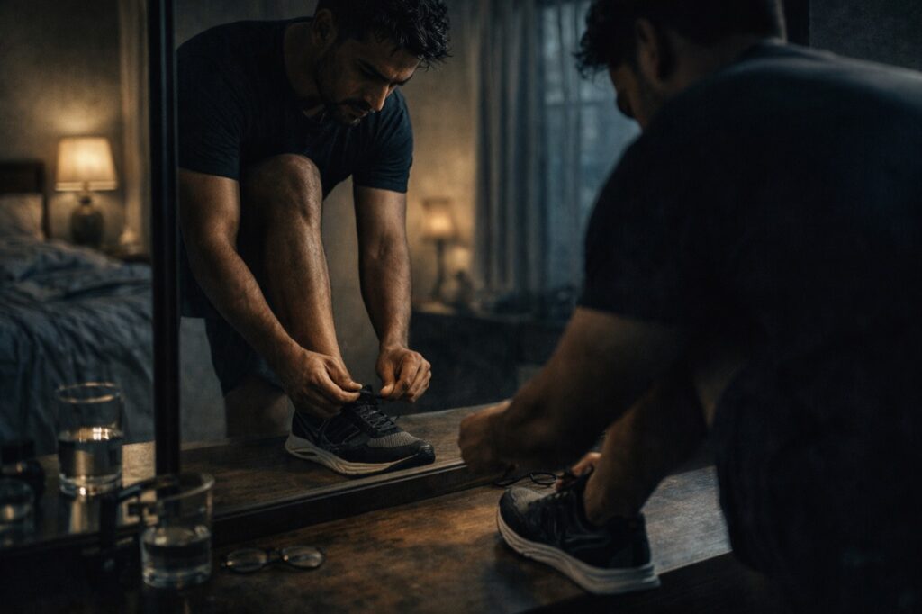 White man sitting silently in a parked car at dusk representing numbness versus peace